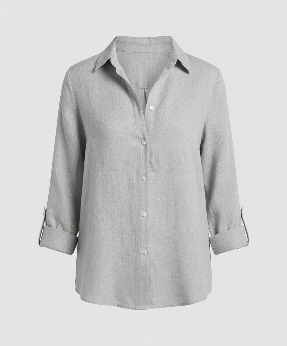 Damen Leinen-Bluse Dreiviertelarm Klassischer Kragen - Gray