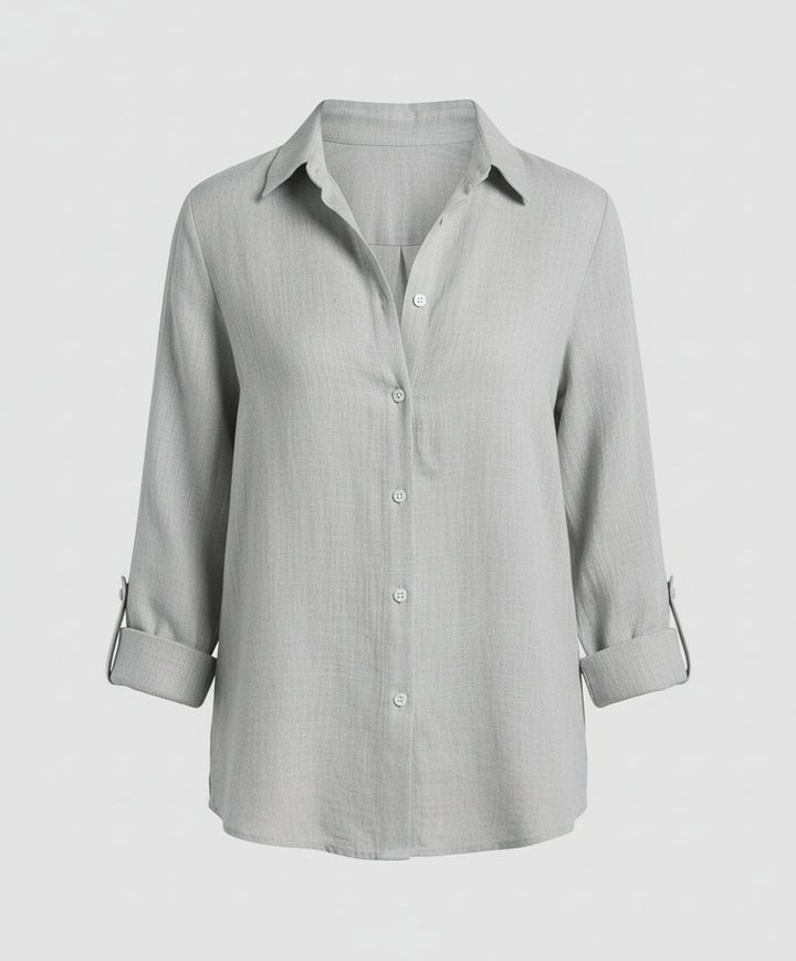 Damen Leinen-Bluse Dreiviertelarm Klassischer Kragen - Gray