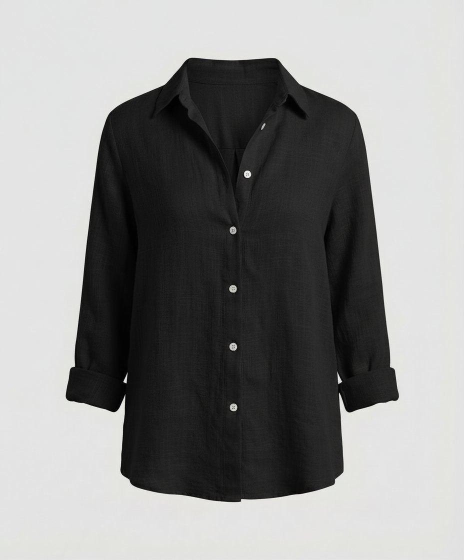 Damen Leinen-Bluse Dreiviertelarm Klassischer Kragen - Black