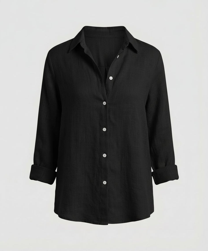 Damen Leinen-Bluse Dreiviertelarm Klassischer Kragen - Black