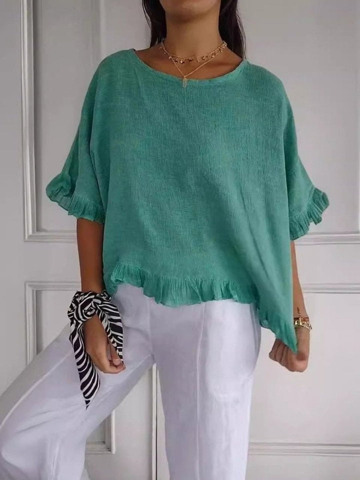 Damen Leinen-Bluse mit Rüschenabschluss und Halbarm - Green