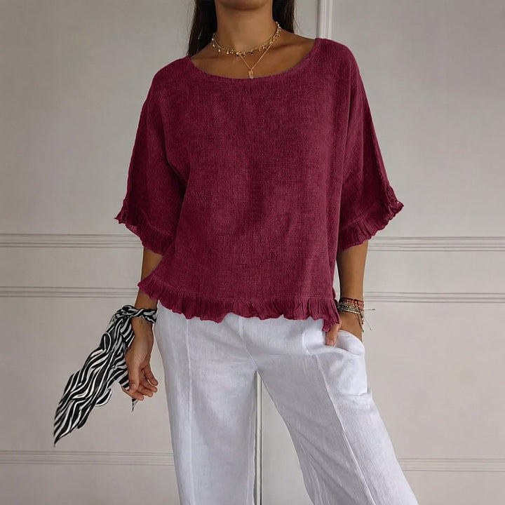 Damen Leinen-Bluse mit Rüschenabschluss und Halbarm - Red