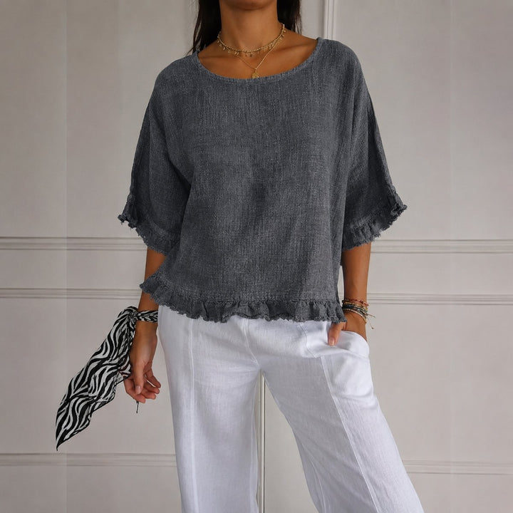 Damen Leinen-Bluse mit Rüschenabschluss und Halbarm - Grey
