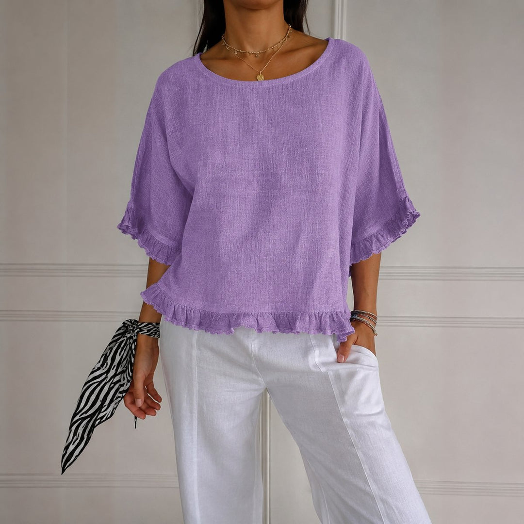 Damen Leinen-Bluse mit Rüschenabschluss und Halbarm - Purple