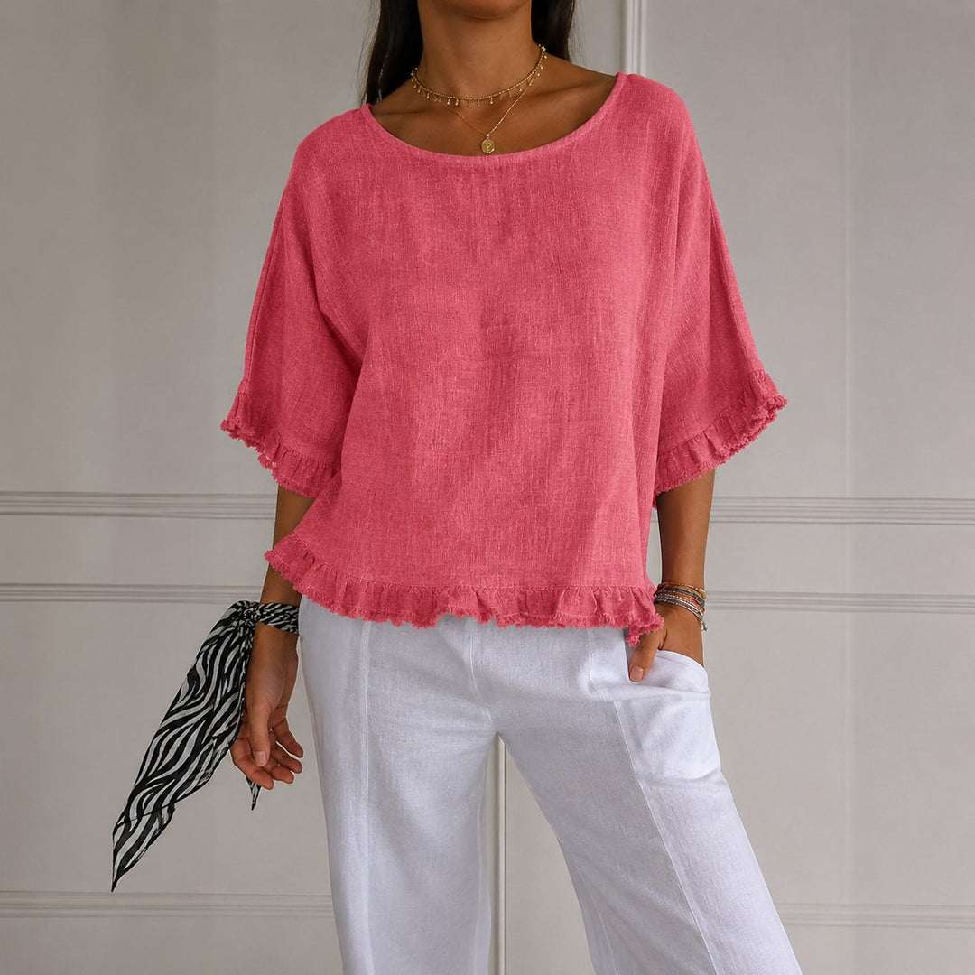 Damen Leinen-Bluse mit Rüschenabschluss und Halbarm - Pink