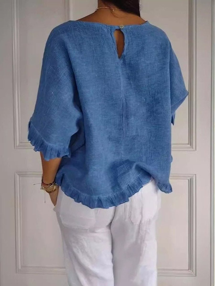 Damen Leinen-Bluse Rundhals Fransenrand Lockere Passform