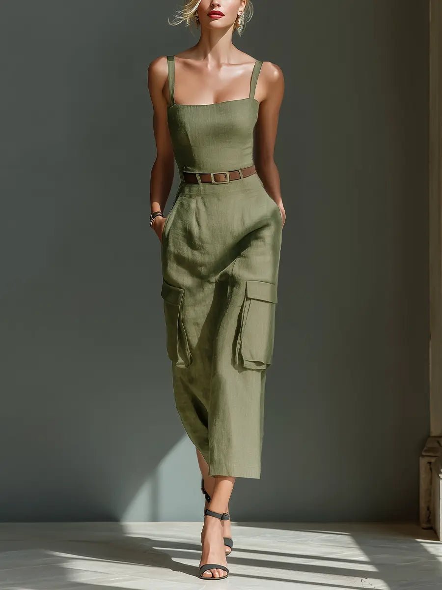 Damen Leinen Cargo Midi Kleid mit Gürtel und Taschen - Olive Green