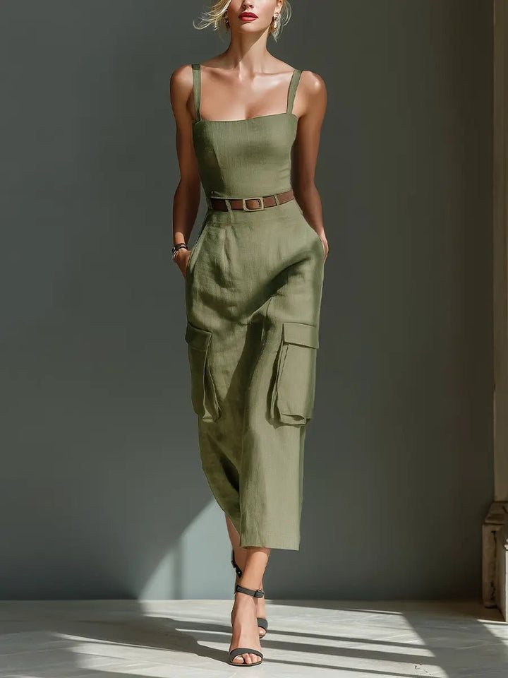 Damen Leinen Cargo Midi Kleid mit Gürtel und Taschen - Olive Green