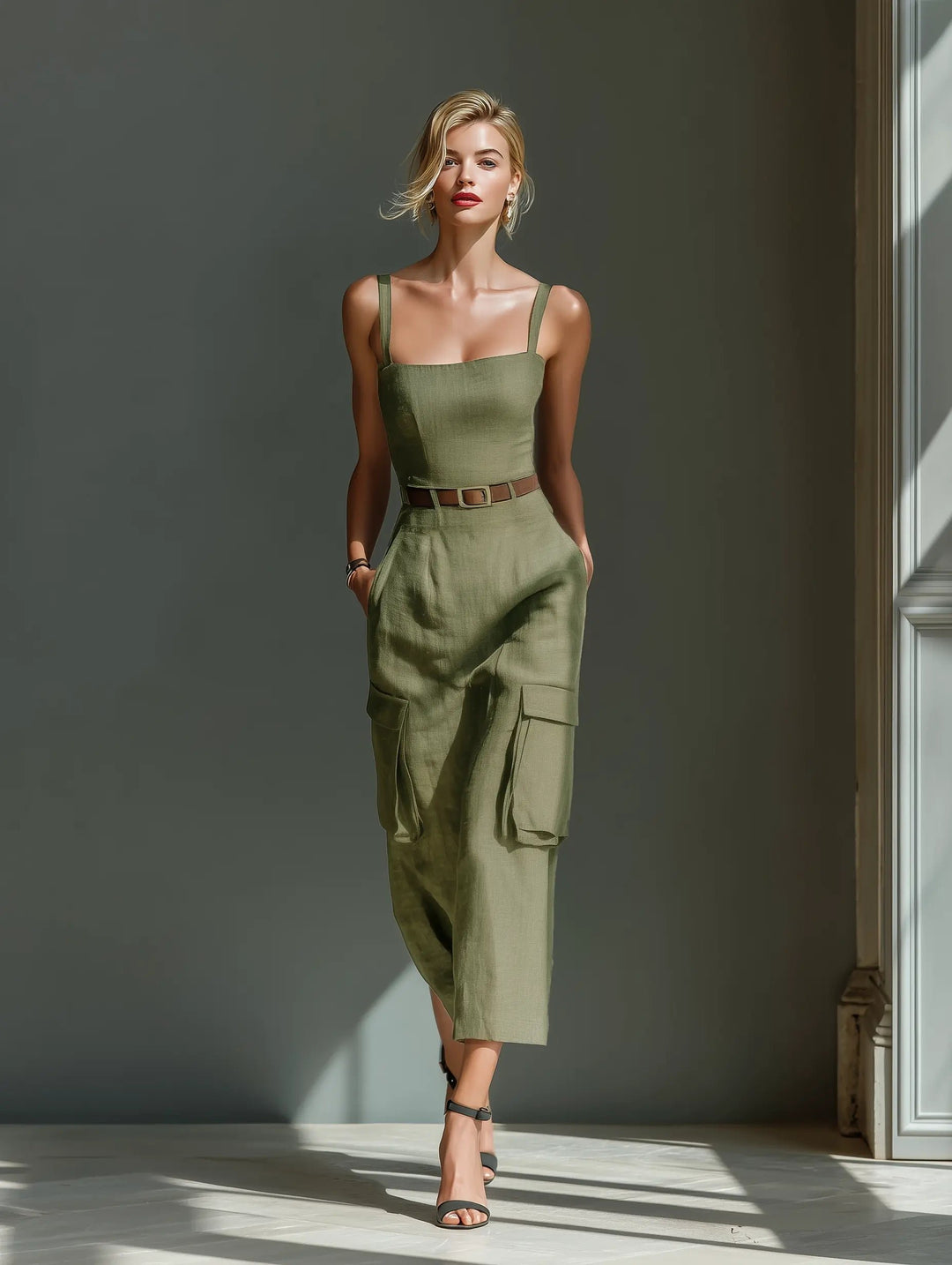Damen Leinen Cargo Midi Kleid mit Gürtel und Taschen