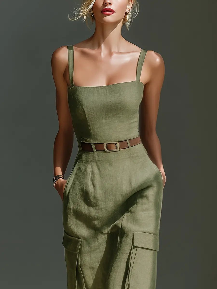 Damen Leinen Cargo Midi Kleid mit Gürtel und Taschen