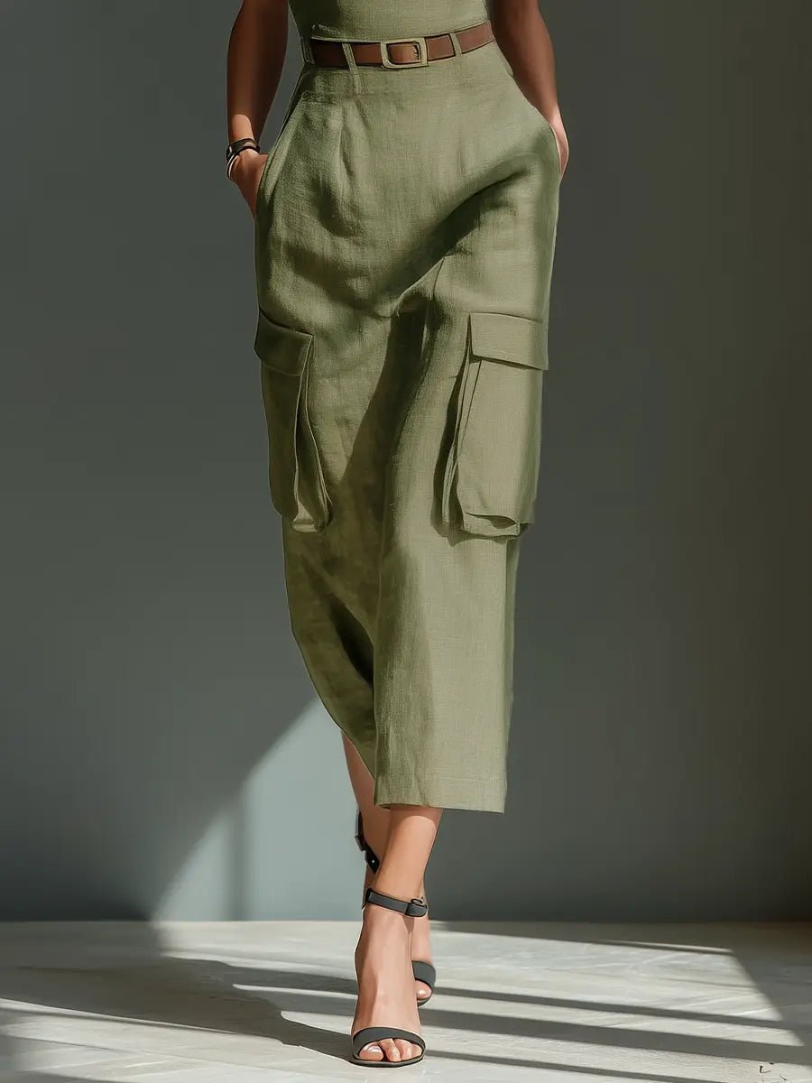 Damen Leinen Cargo Midi Kleid mit Gürtel und Taschen