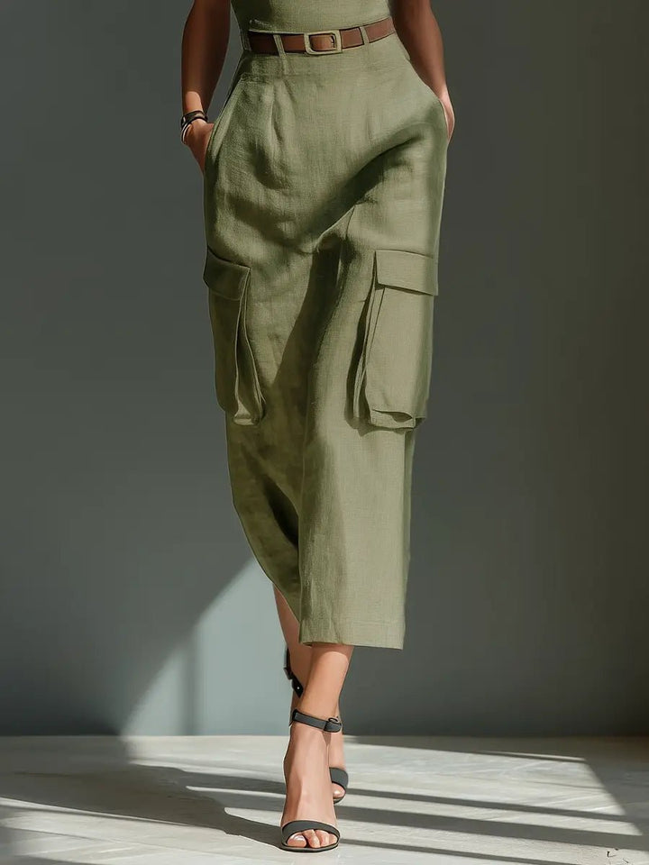 Damen Leinen Cargo Midi Kleid mit Gürtel und Taschen