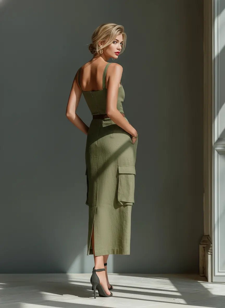 Damen Leinen Cargo Midi Kleid mit Gürtel und Taschen