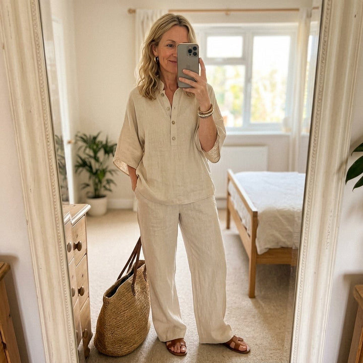 Damen Leinen Kimono-Ärmel Bluse und Weite Hose Set