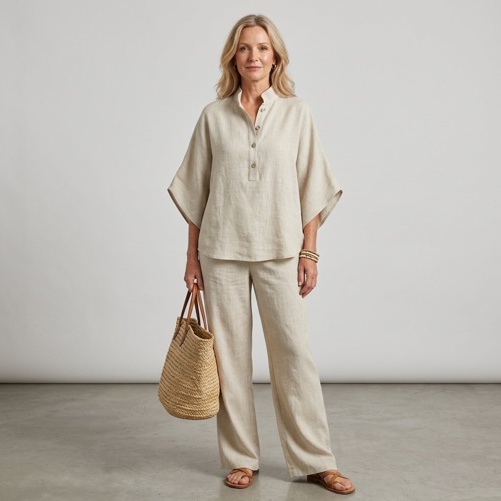 Damen Leinen Kimono-Ärmel Bluse und Weite Hose Set