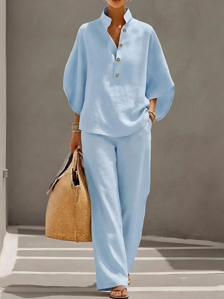Damen Leinen Kimono-Ärmel Bluse und Weite Hose Set - Light BLue