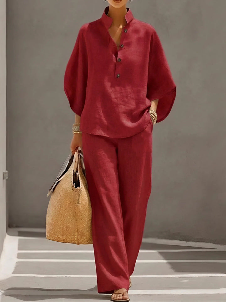 Damen Leinen Kimono-Ärmel Bluse und Weite Hose Set - Red