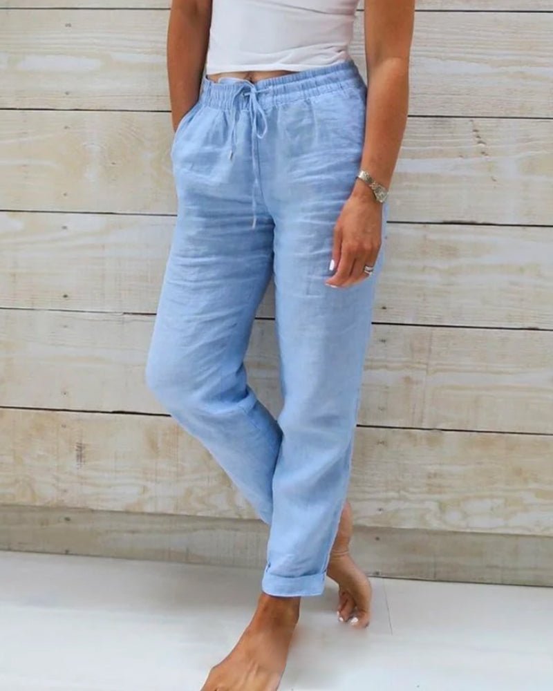 Damen Leinen Kordelzug Gummibund Gerade Hose - Light Blue