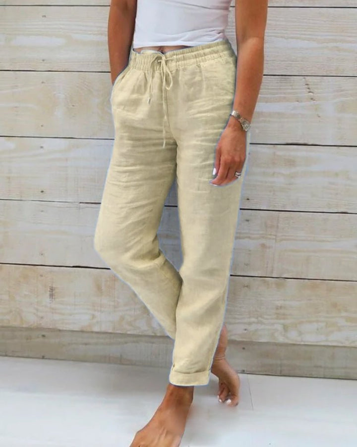Damen Leinen Kordelzug Gummibund Gerade Hose - Beige