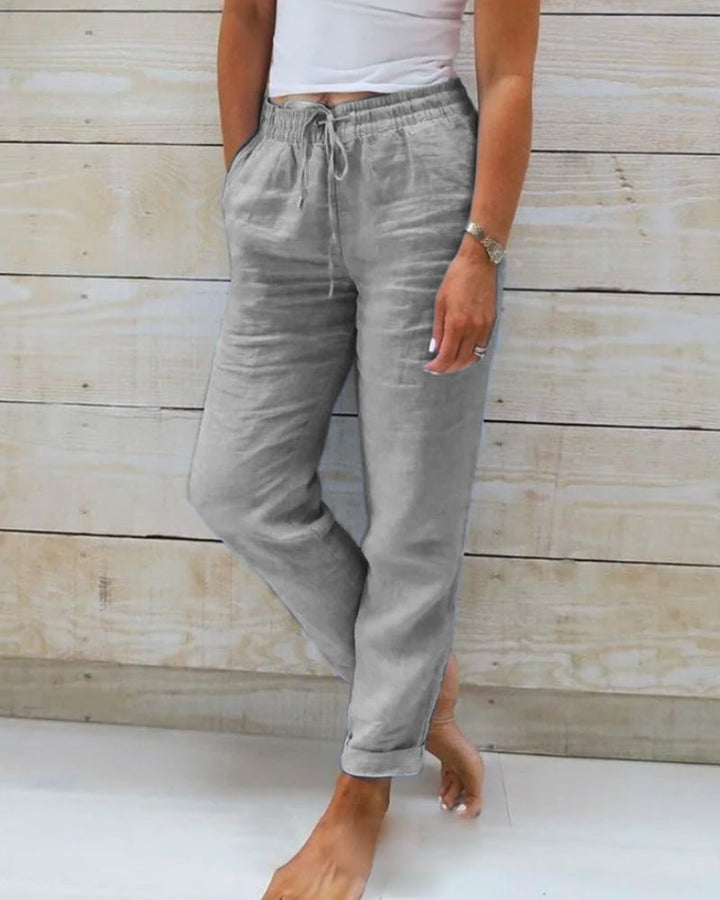 Damen Leinen Kordelzug Gummibund Gerade Hose - Light Gray