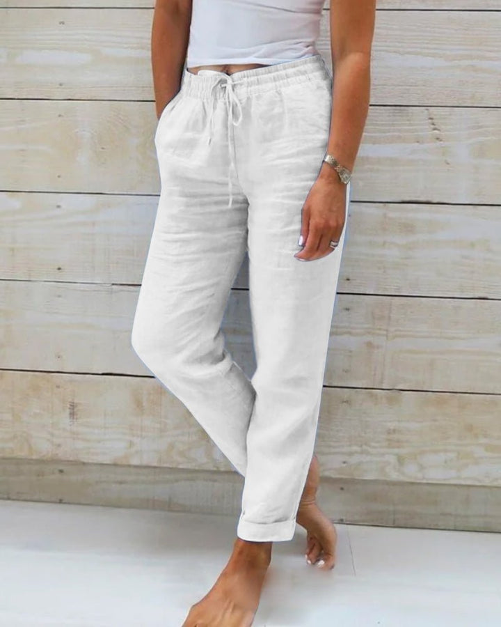 Damen Leinen Kordelzug Gummibund Gerade Hose - White