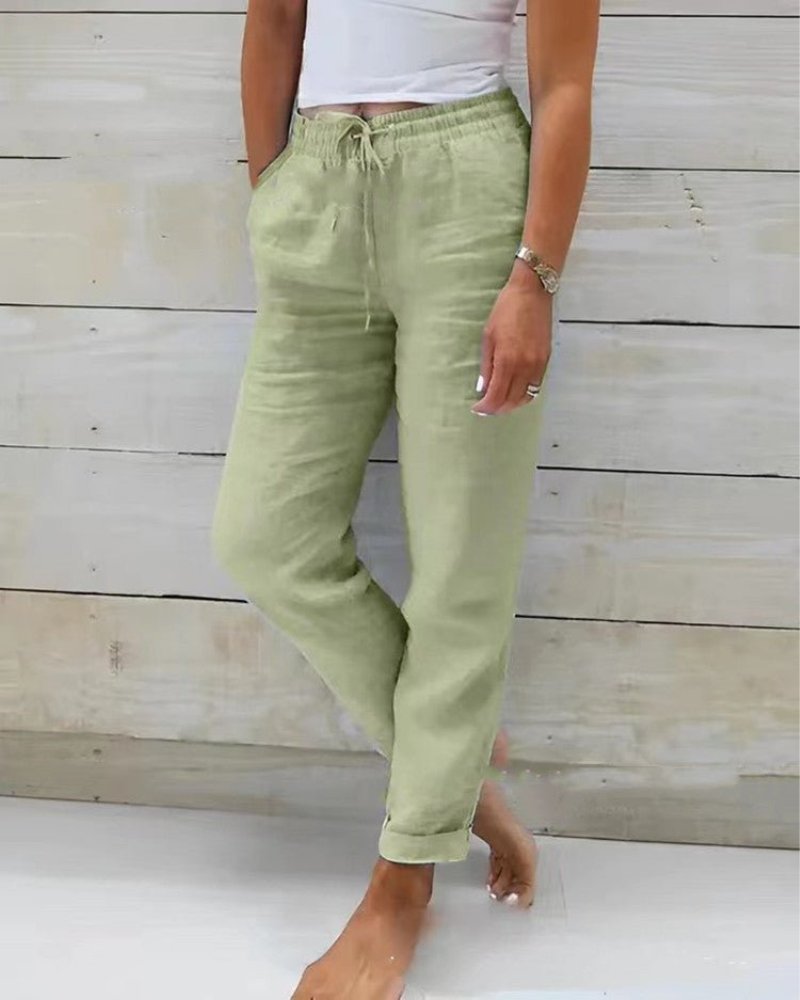 Damen Leinen Kordelzug Gummibund Gerade Hose - Sage Green