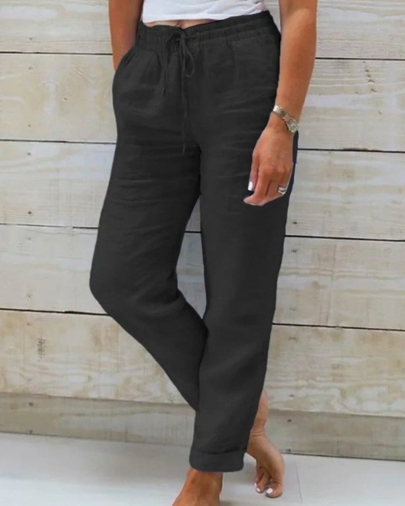 Damen Leinen Kordelzug Gummibund Gerade Hose - Black