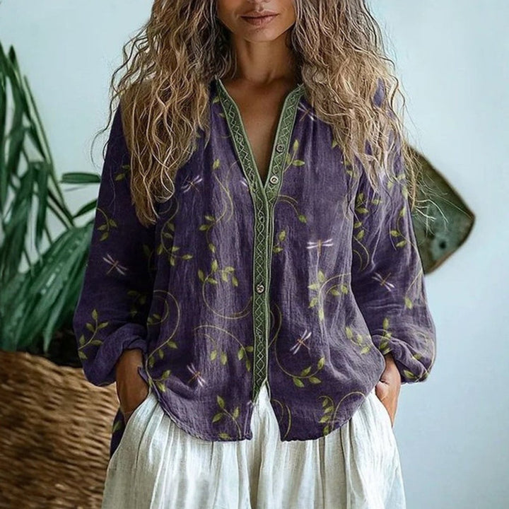 Damen Leinen Langarm-Bluse mit V-Ausschnitt und Kontrastborte - Purple
