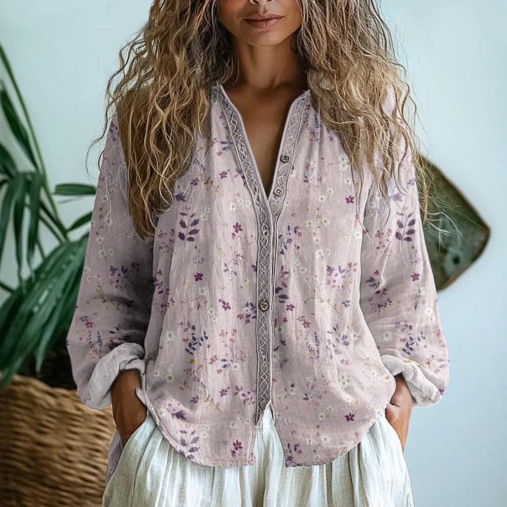 Damen Leinen Langarm-Bluse mit V-Ausschnitt und Kontrastborte - Light Pink