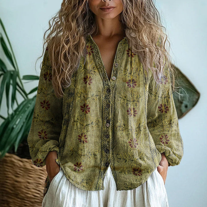 Damen Leinen Langarm-Bluse mit V-Ausschnitt und Kontrastborte - Light Olive Green