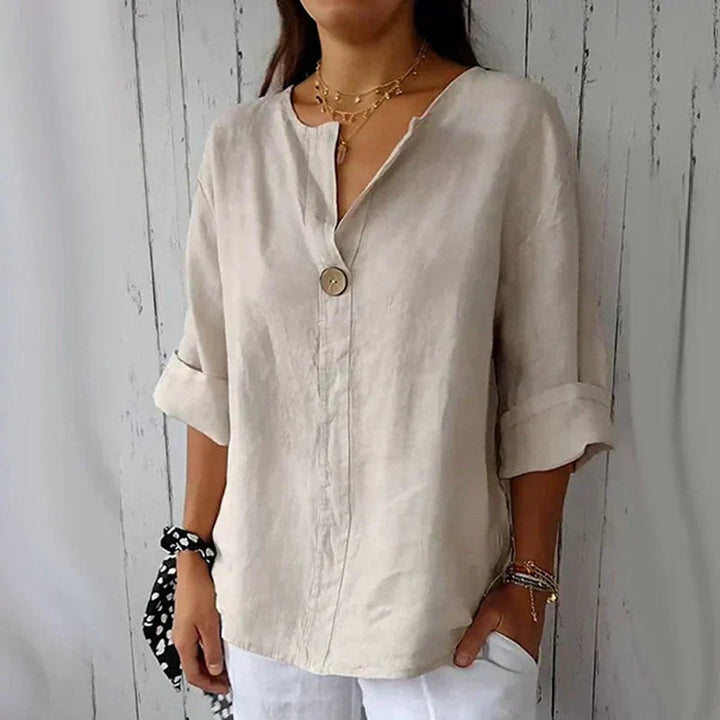 Damen Leinen Lockere V-Ausschnitt Langarm Bluse Holzknopf - Aprikose