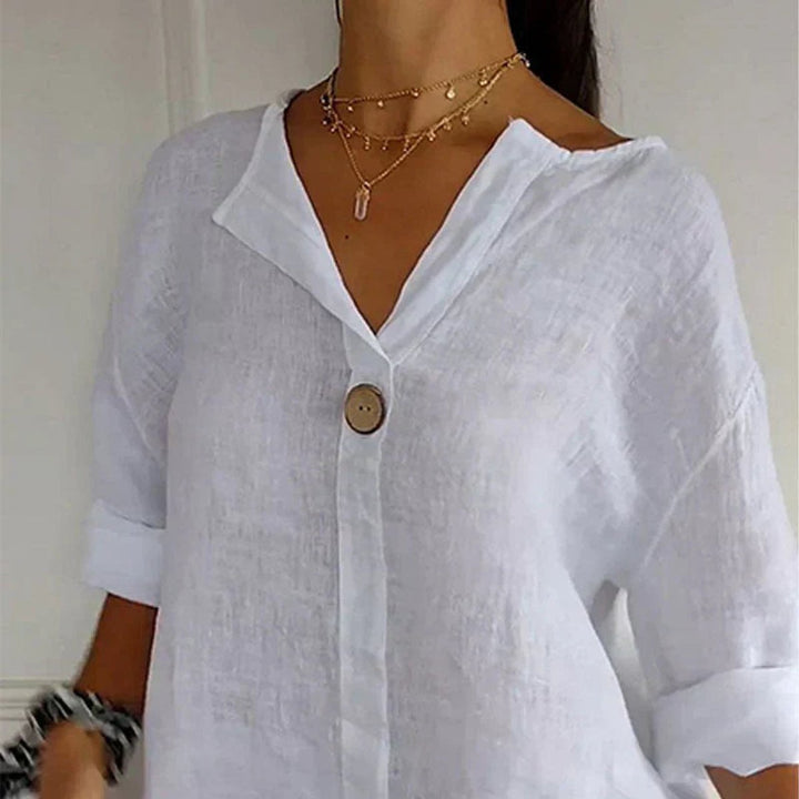 Damen Leinen Lockere V-Ausschnitt Langarm Bluse Holzknopf
