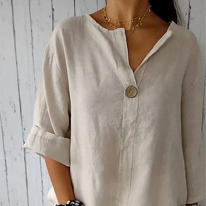 Damen Leinen Lockere V-Ausschnitt Langarm Bluse Holzknopf