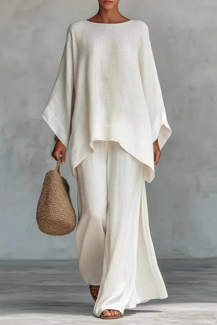 Damen Leinen-Look Fledermausarm Oversized Oberteil Weite-Bein Hosen Set - White
