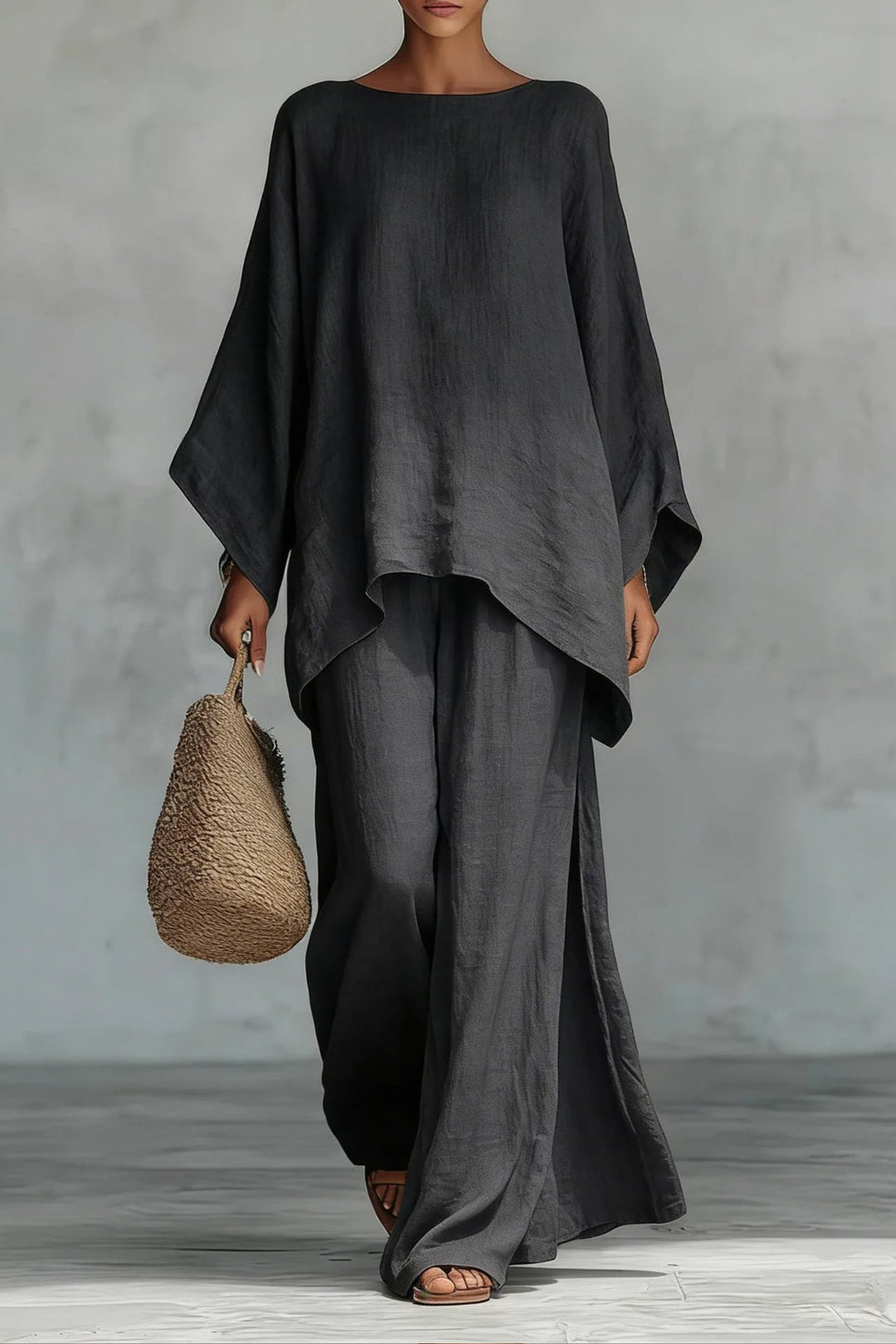 Damen Leinen-Look Fledermausarm Oversized Oberteil Weite-Bein Hosen Set - Dark Grey
