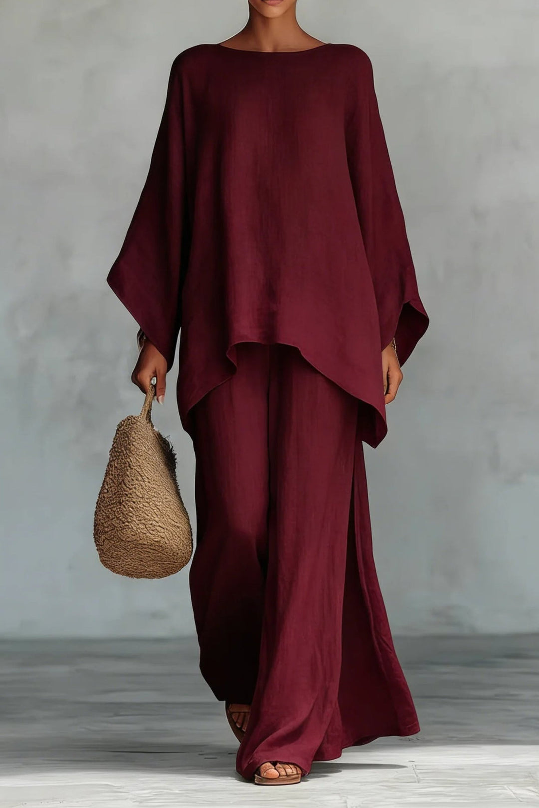 Damen Leinen-Look Fledermausarm Oversized Oberteil Weite-Bein Hosen Set - Burgundy