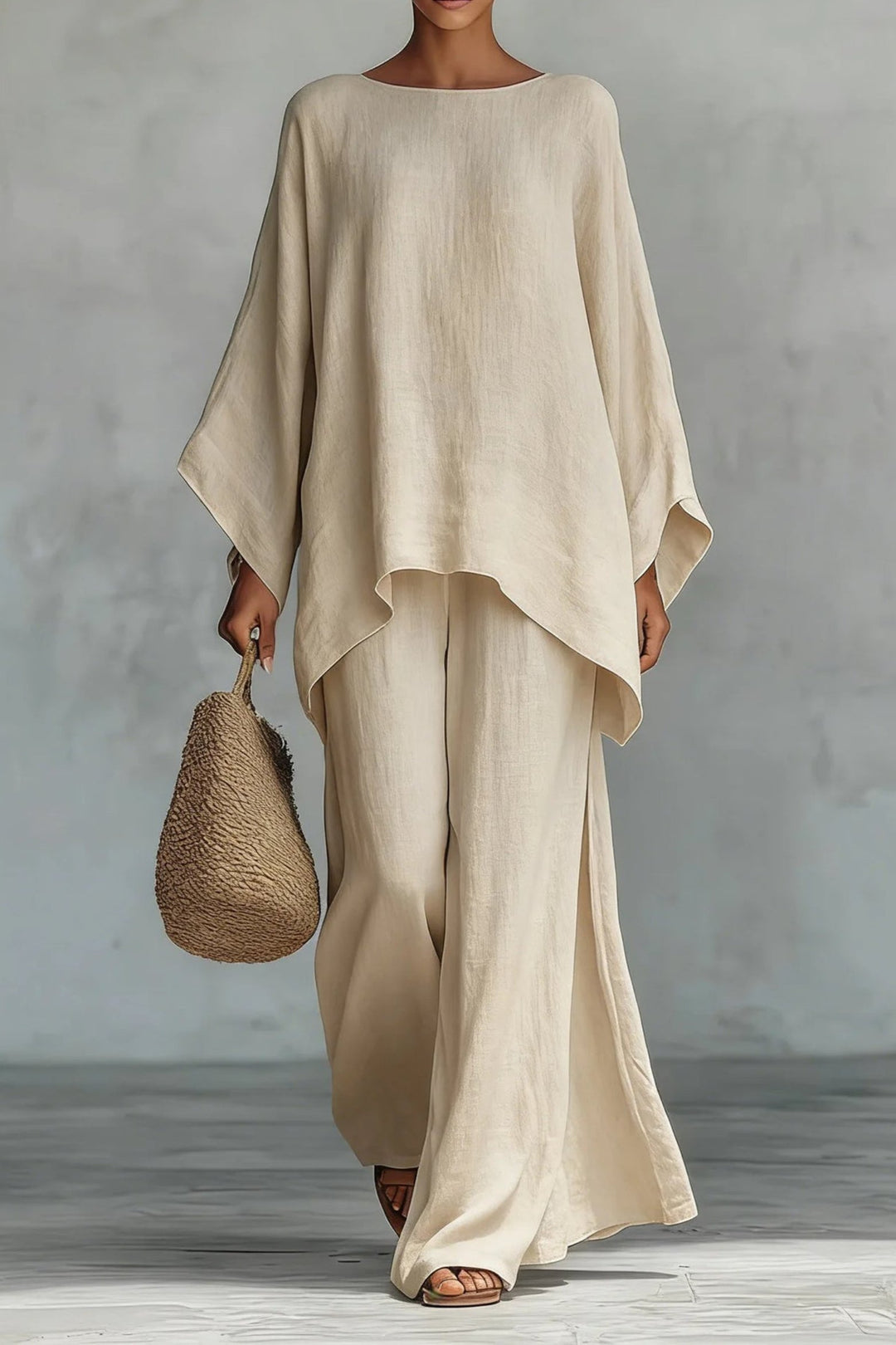 Damen Leinen-Look Fledermausarm Oversized Oberteil Weite-Bein Hosen Set - Khaki