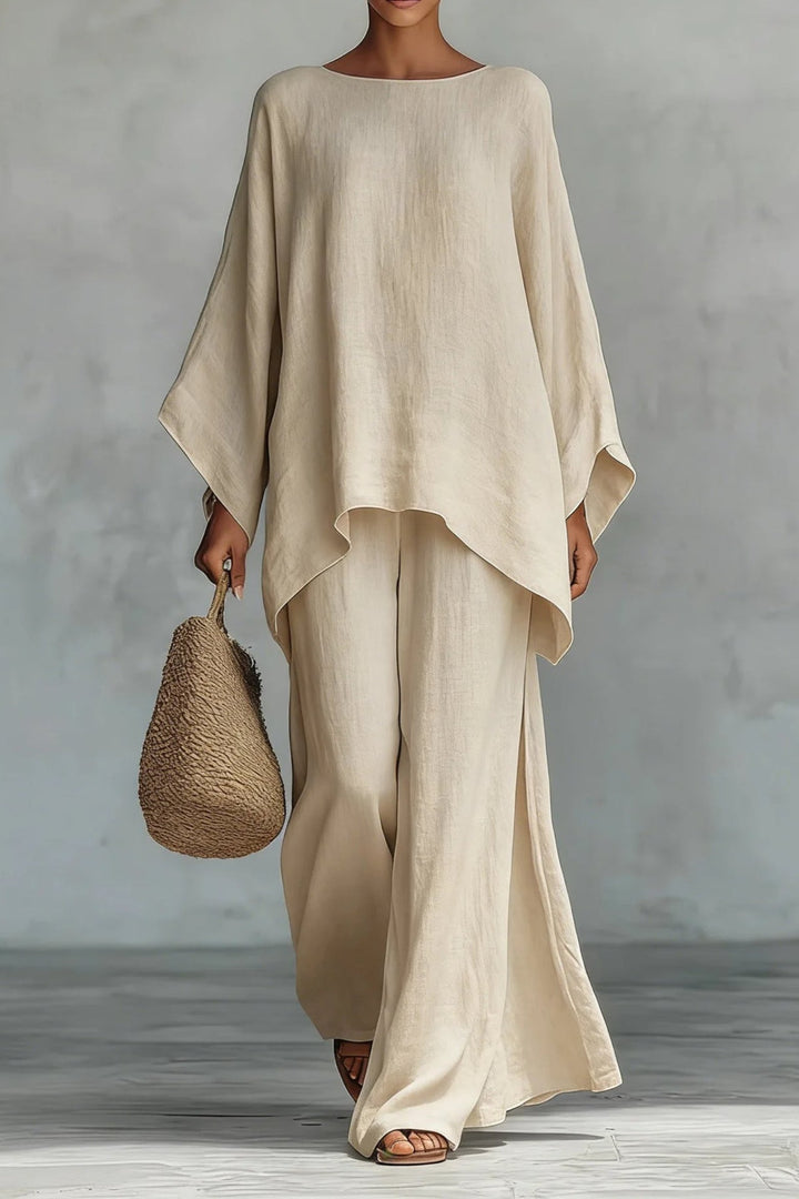 Damen Leinen-Look Fledermausarm Oversized Oberteil Weite-Bein Hosen Set - Khaki