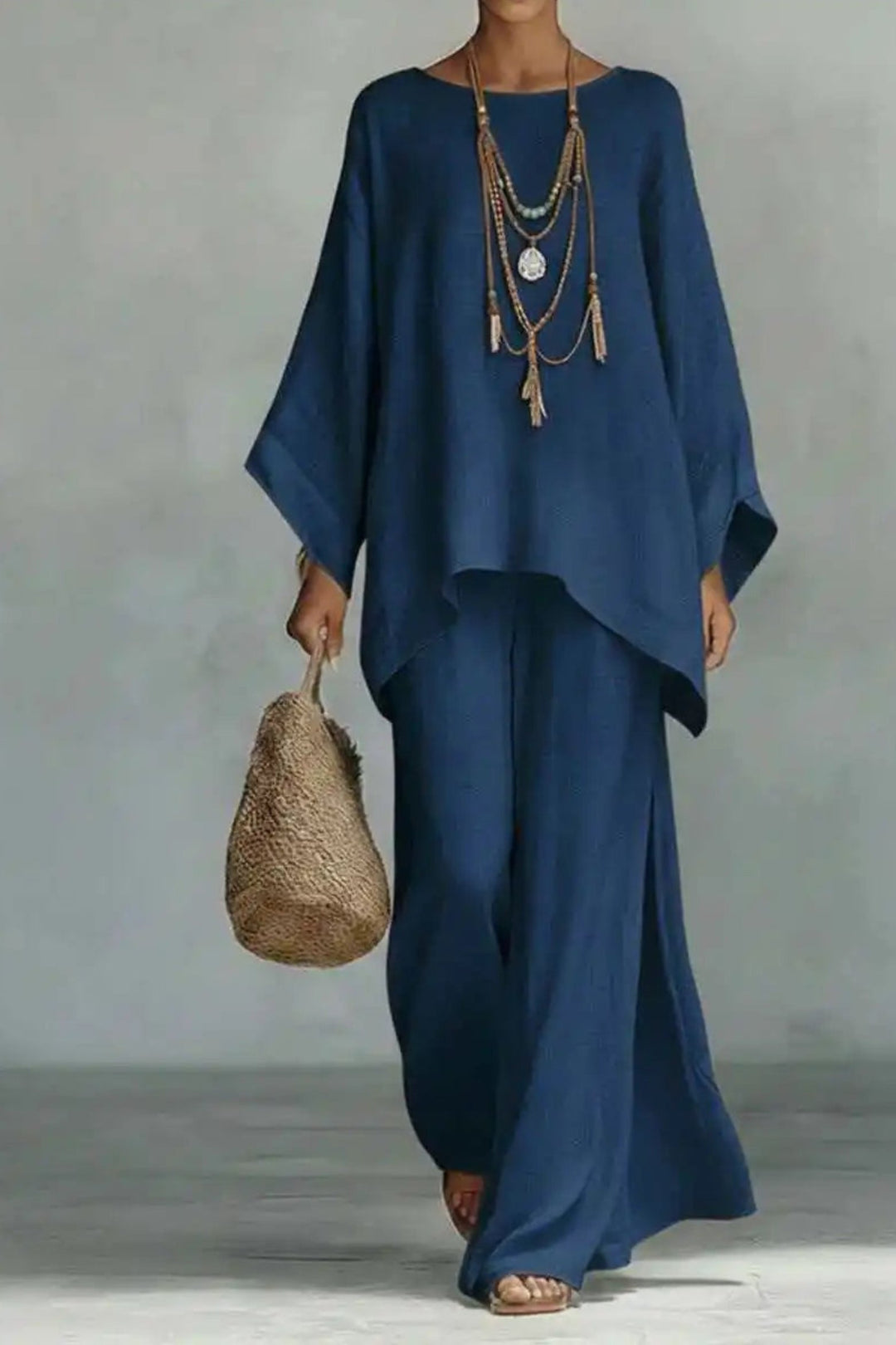 Damen Leinen-Look Fledermausarm Oversized Oberteil Weite-Bein Hosen Set - Navy