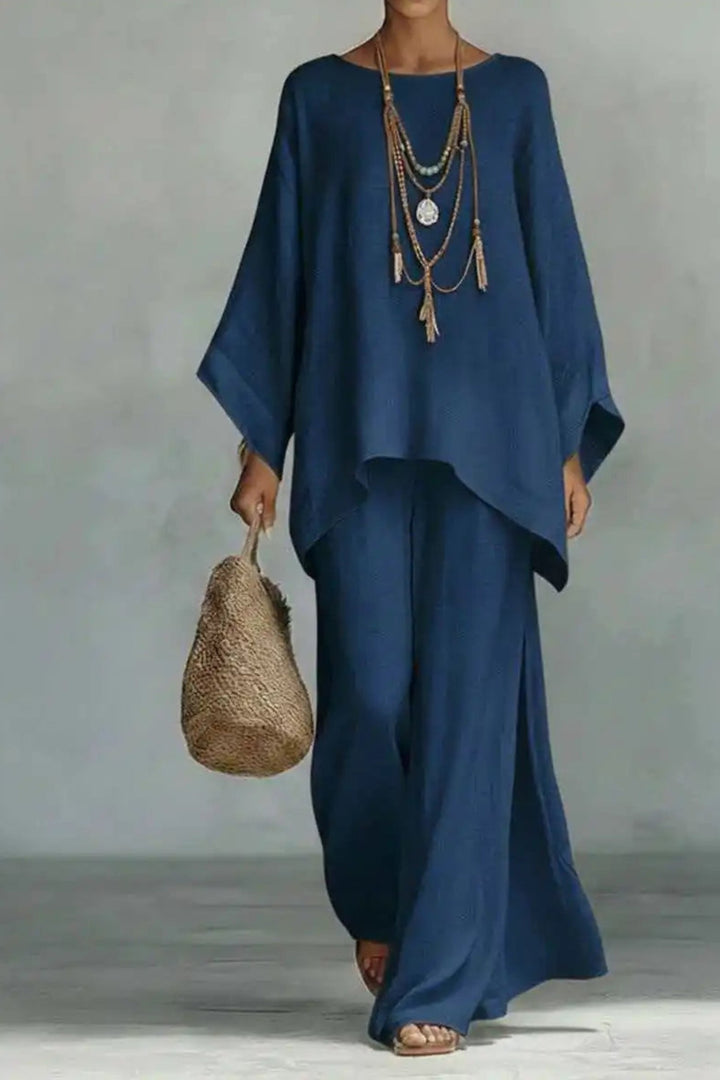 Damen Leinen-Look Fledermausarm Oversized Oberteil Weite-Bein Hosen Set - Navy