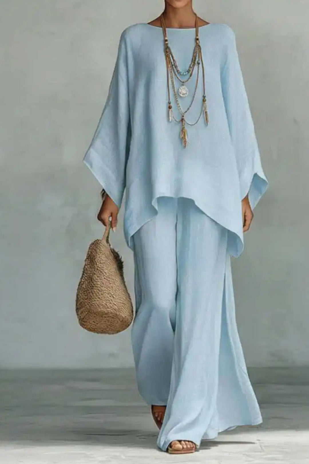 Damen Leinen-Look Fledermausarm Oversized Oberteil Weite-Bein Hosen Set - Light Blue