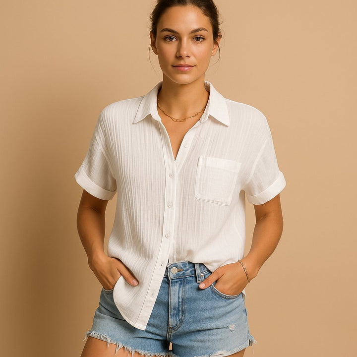 Damen Leinen-Look Kurzarm Brusttaschen-Hemdbluse - White
