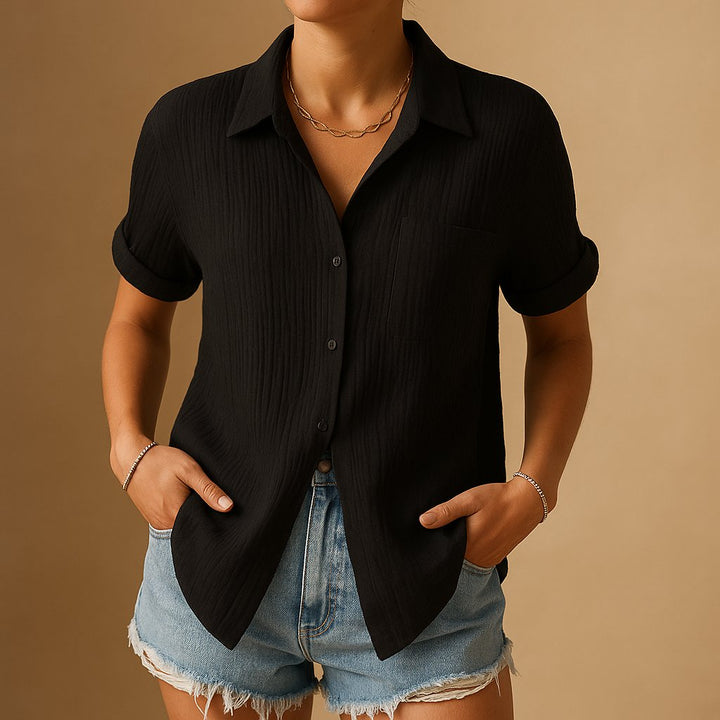 Damen Leinen-Look Kurzarm Brusttaschen-Hemdbluse - Black