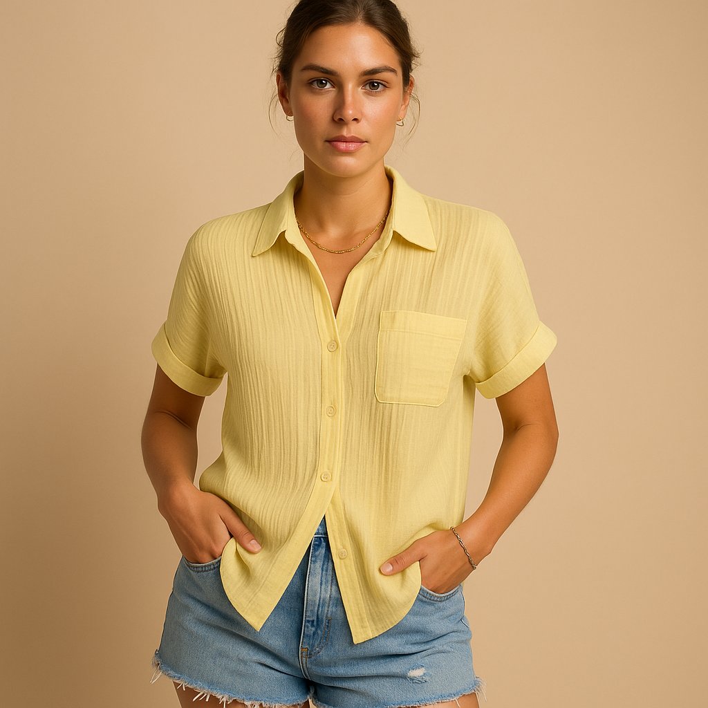 Damen Leinen-Look Kurzarm Brusttaschen-Hemdbluse - Yellow