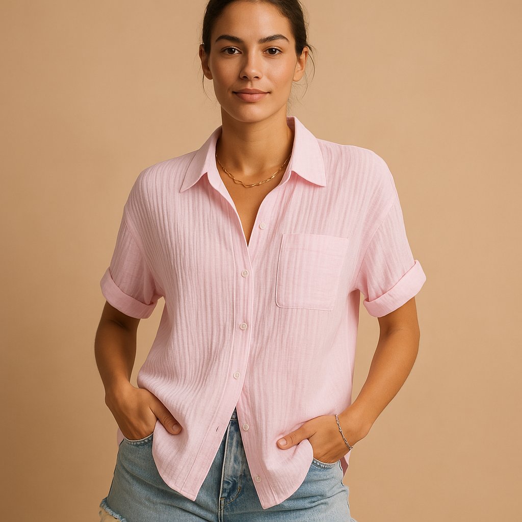 Damen Leinen-Look Kurzarm Brusttaschen-Hemdbluse - Pink