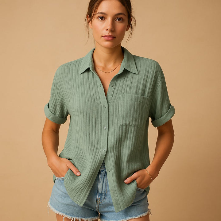 Damen Leinen-Look Kurzarm Brusttaschen-Hemdbluse - Green