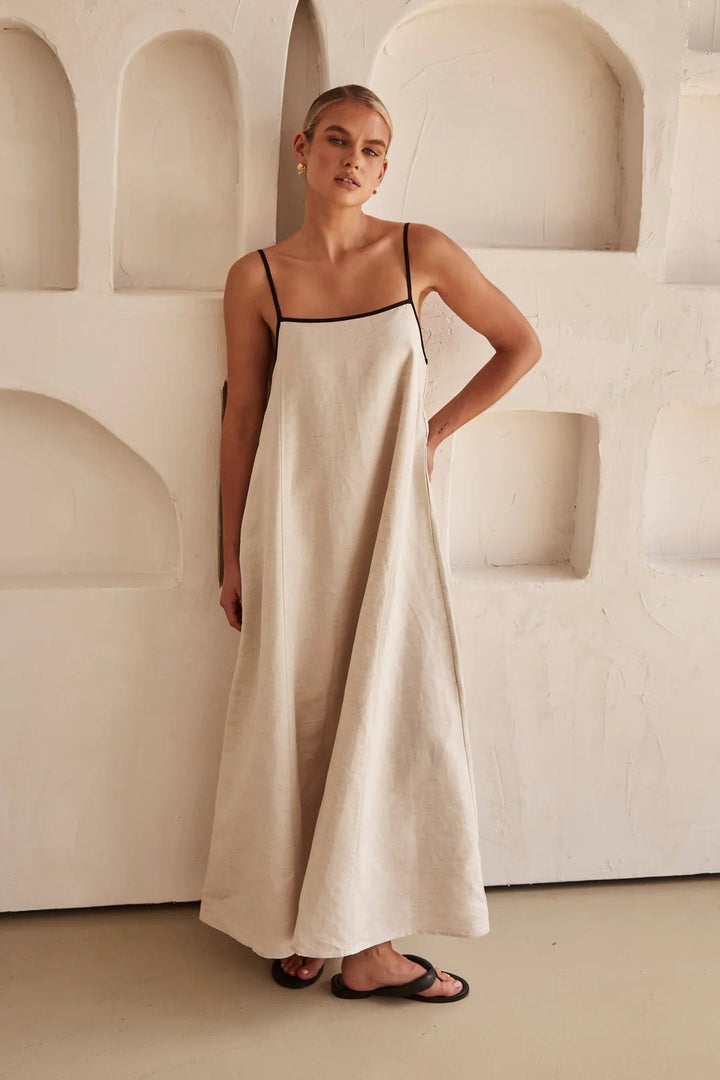 Damen Leinen Maxi-Kleid Trapez-Schnitt Verstellbare Träger