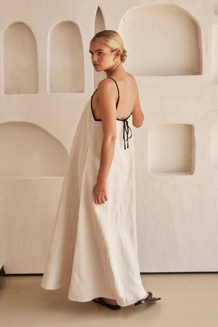 Damen Leinen Maxi-Kleid Trapez-Schnitt Verstellbare Träger