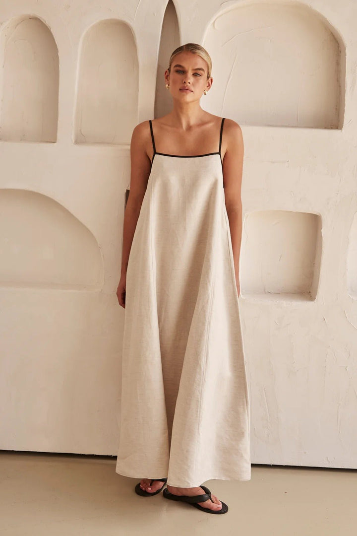 Damen Leinen Maxi-Kleid Trapez-Schnitt Verstellbare Träger - Cream