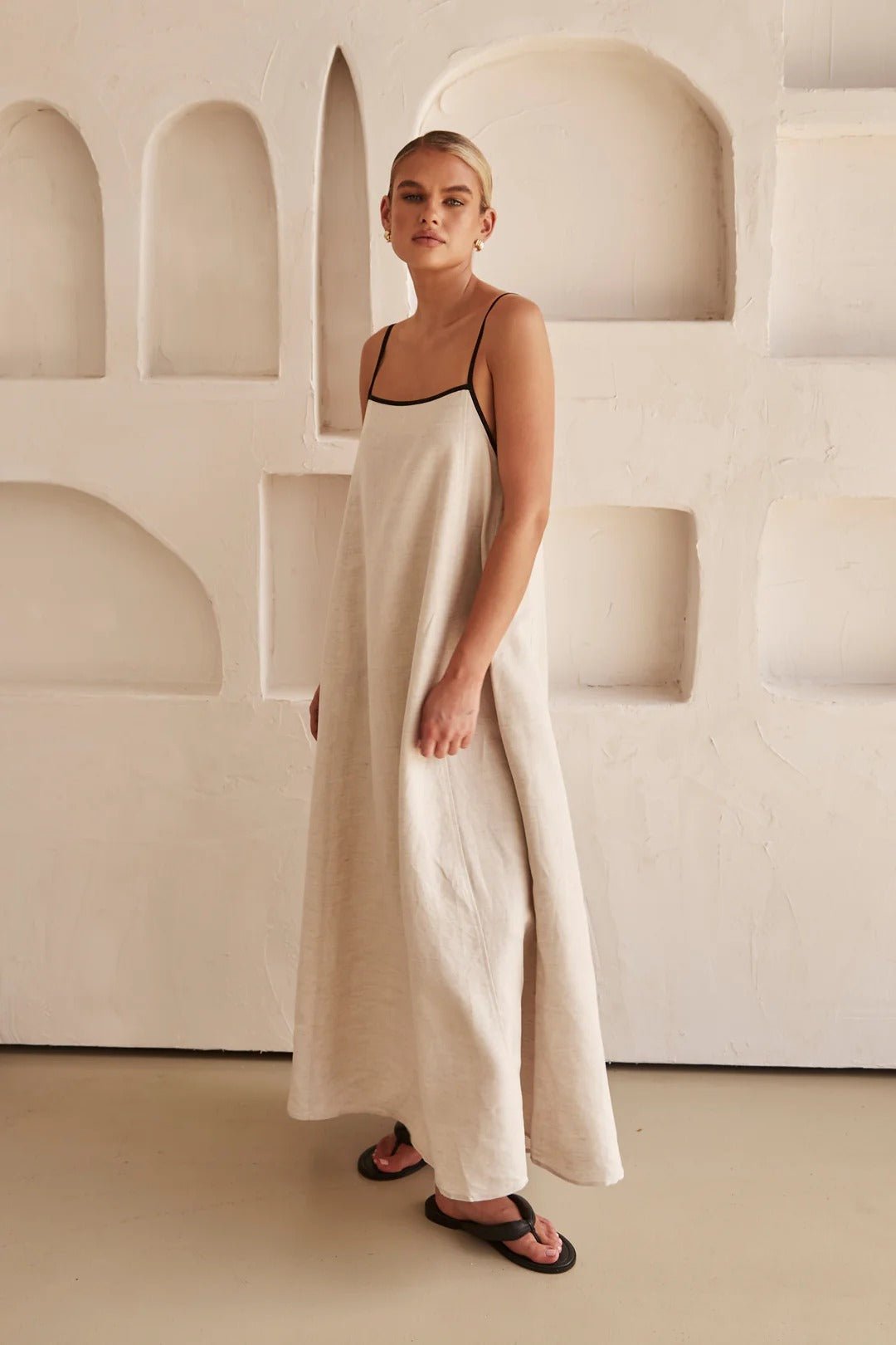Damen Leinen Maxi-Kleid Trapez-Schnitt Verstellbare Träger